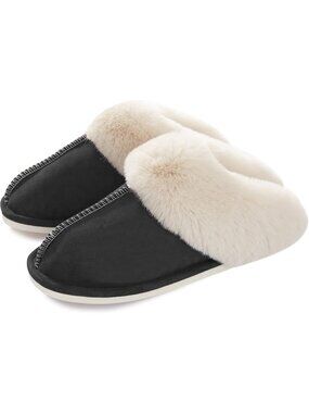 Women's Black Fluffy Non Slip Slippers Memory Foam Warm Cozy Indoor House Shoes